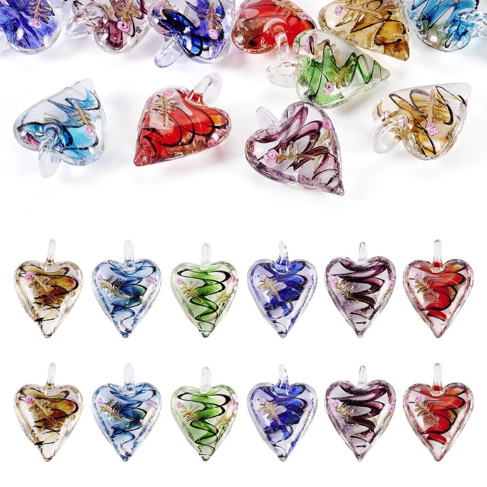 7585 12Pcs Large Hole Lampwork Glass Heart Pendants 41-47x28-31mm Mixed
